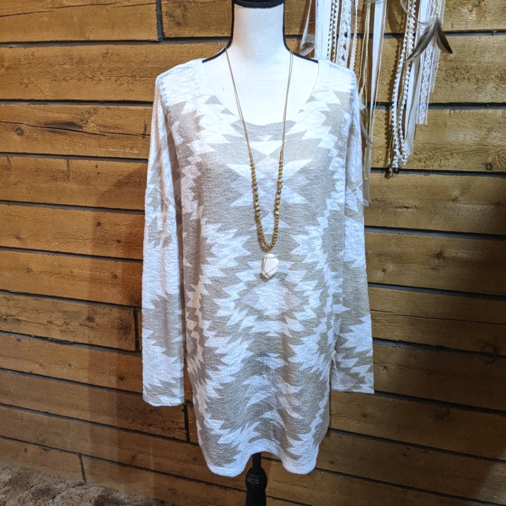 Aztec Print White & Tan Tunic Long Sleeve